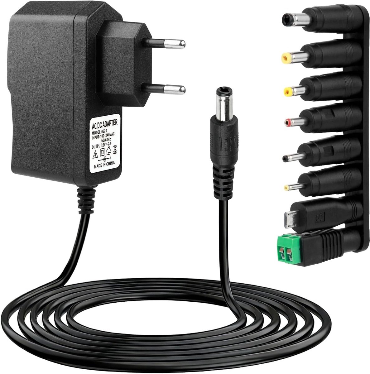 6 V 2 A transformator voeding AC 230 V naar DC 5,5 x 2,1 mm met 8 aansluitingen