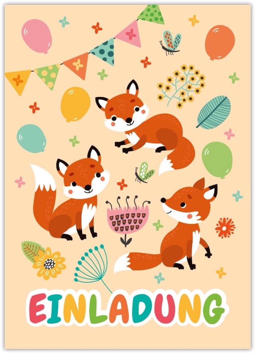 12 uitnodigingskaarten voor kinderverjaardag, meisjes en jongens, vos