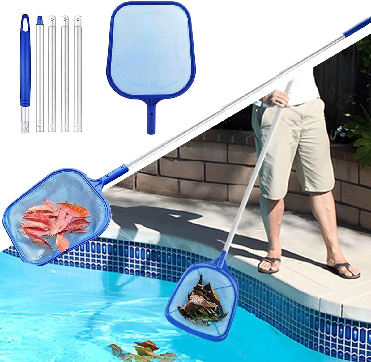 Schepnet voor zwembad, skimmer, vijvernet met telescoopstang, fijnmazig met telescoopstang, zwembadreiniging, schepnet fijnmazig met staaf van 1,27 m, voor zwembad, spa, vijvers, whirlpools