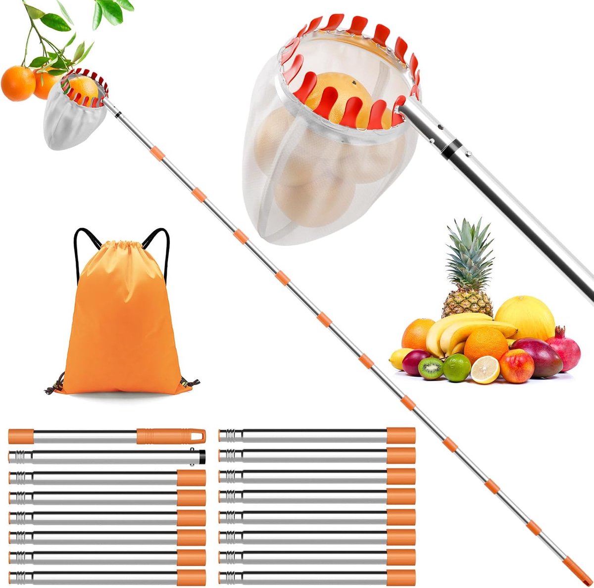 6,2 m appelplukker met telescopisch handvat, diameter 6,3 inch met opbergtas, fruitplukker gereedschap fruitploeg voor kers