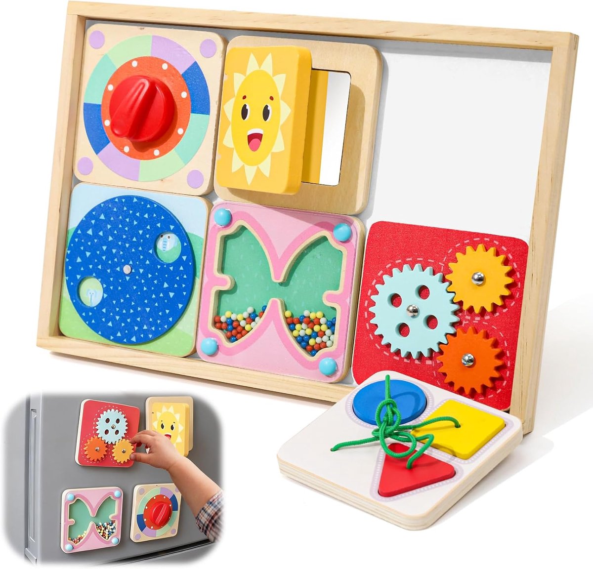 Speelgoed voor baby's, Montessori houten speelgoed Busy Board jaar met 6 magnetische platen, motoriek speelgoed, rijstspel, bezigheid, autorit, cadeau voor jongens en meisjes