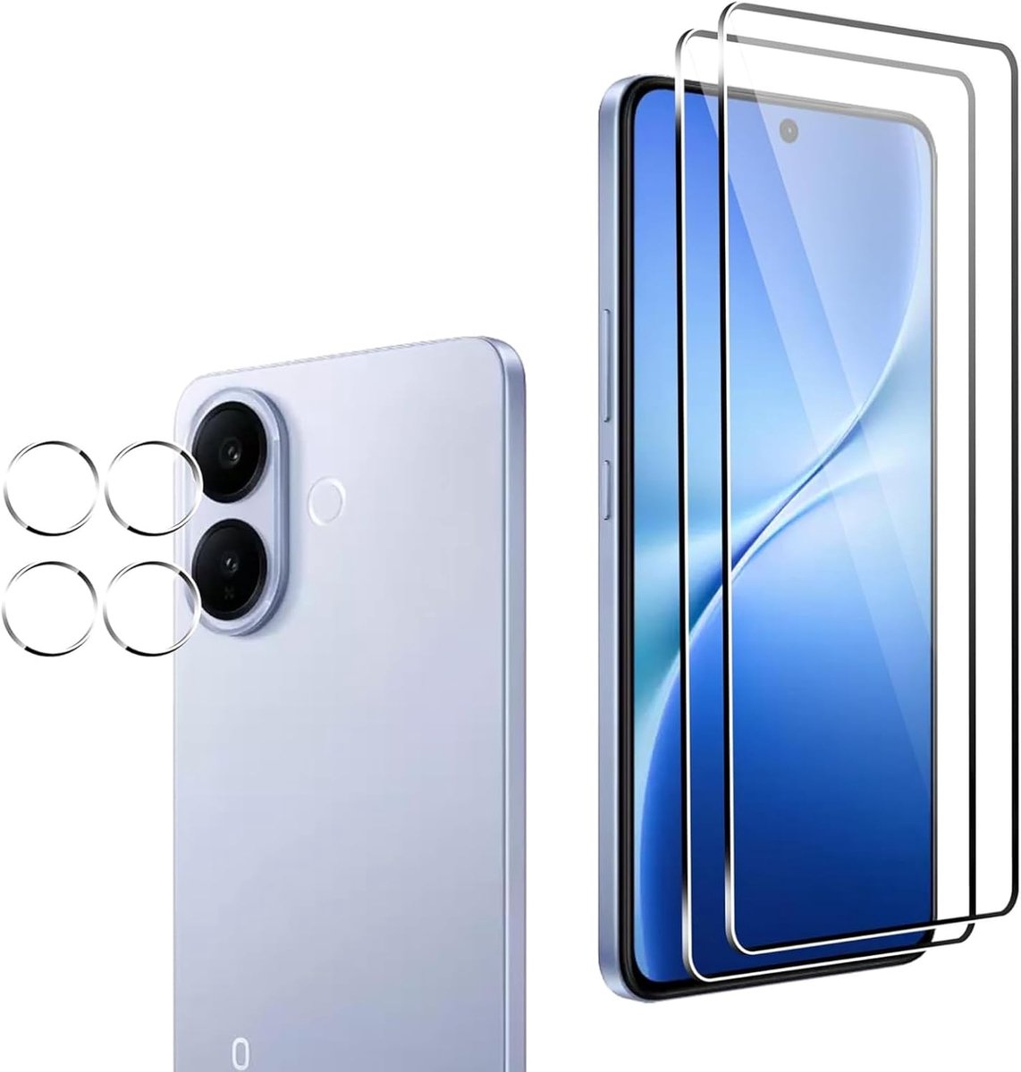 Screen protector voor VIVO V60 Lite 4G/5G, 2 stuks krasbestendige displaybeschermfolie met 2 stuks camerafolie, HD helder, zonder luchtbellen, Ultra Boven 9H+ Gehard glas