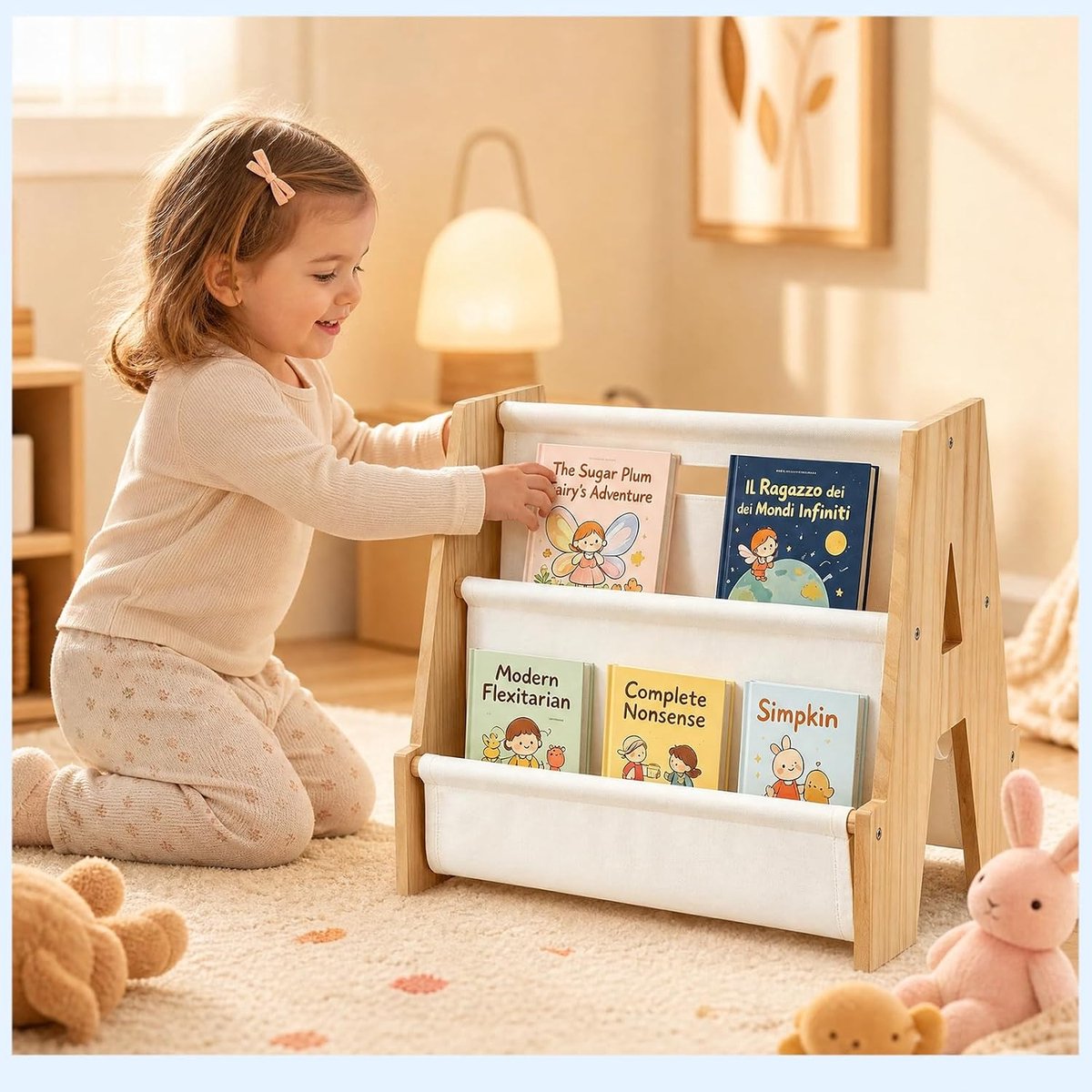 Boekenkast voor kinderen, boekenkast, hout, 4 verdiepingen, driehoekig, Montessori boekenkast voor peuters, kangoeroe-design, op kindvriendelijke hoogte, met afgeronde hoeken, 43 x 34 cm