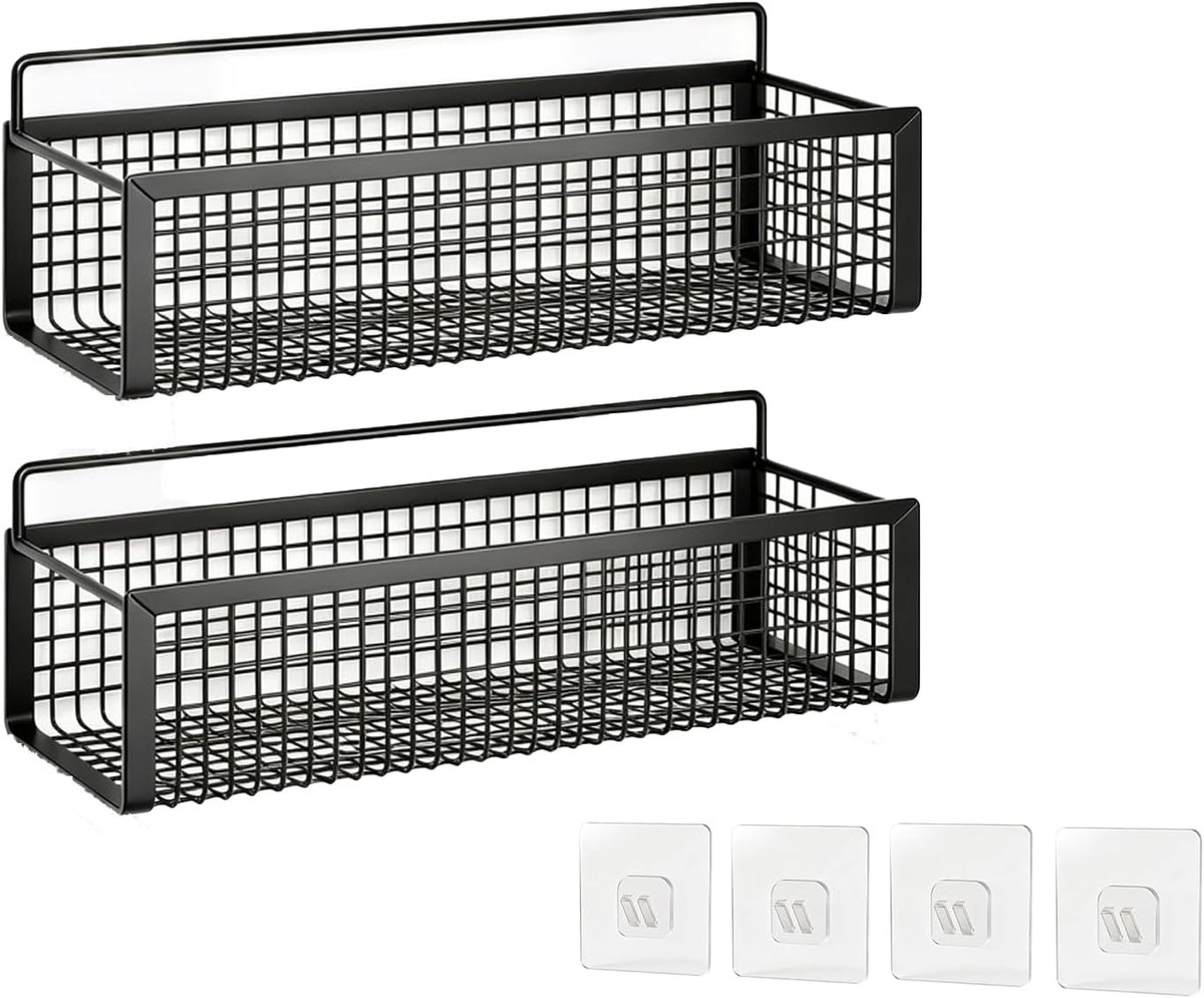 Wandrek, set van 2 opbergmanden, metaal, keuken, met roosterstructuur om te lijmen, voor specerijen, flessen, snacks, rek, mand, metaal, voor badkamer, eetkamer, voorraadkast, zwart