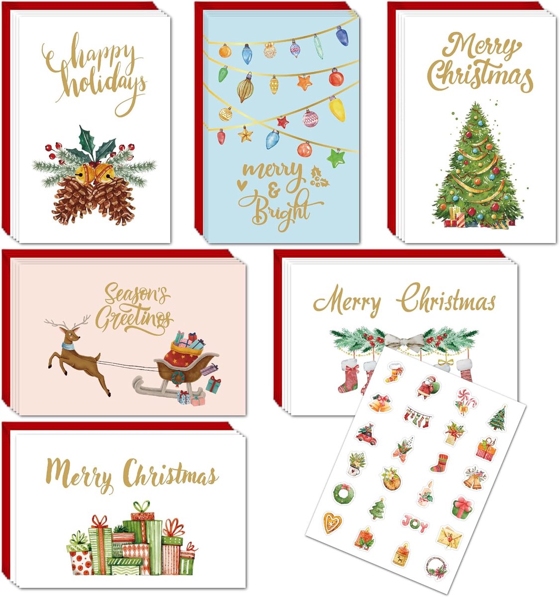 Wenskaarten voor felicitaties en cadeau, zegensboodschap met 24 rode enveloppen en 1 sticker, bronzing