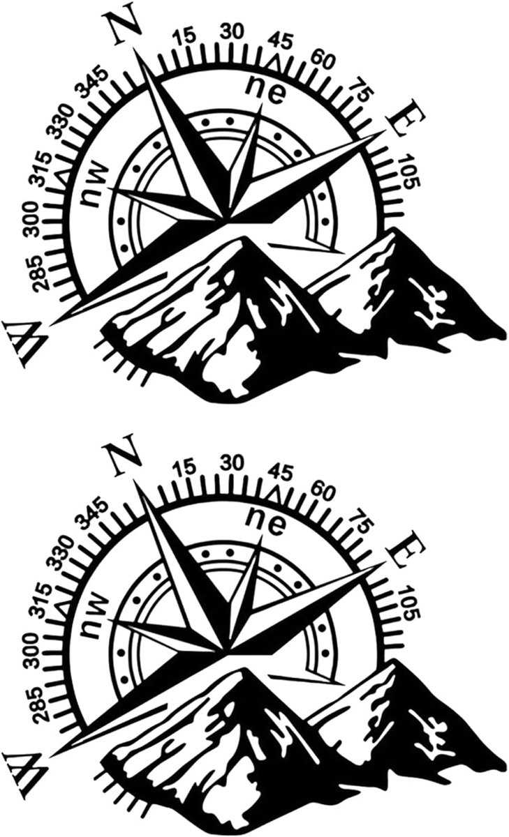 2 stuks kompas berg auto stickers, vinyl auto sticker kompas auto sticker universele auto motorkap zijvenster sticker auto kap sticker auto decor voor RV Camper Caravan Jeep Truck Van, 40 x 32 cm