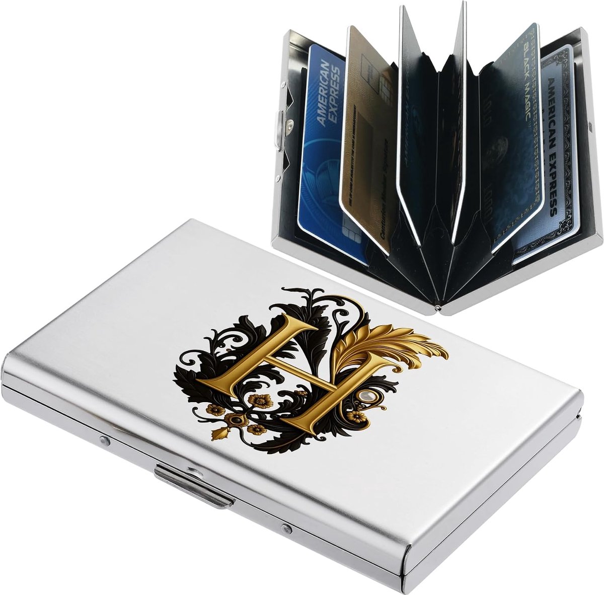 Slanke RFID Blokkerende Kaarthouder Portemonnee, Modieus Ontwerp en Artistieke Patronen, Metalen Creditcardhouder Portemonnee, voor Dames en Heren. (6 Sleuven/Zilver/H)