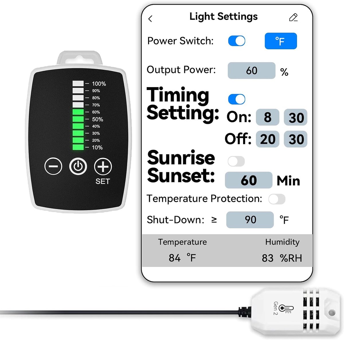 Control LED Grow Lights, Inline Duct Ventilator, Zonsopkomst en Zonsondergang, Ventilatorsnelheid, Tijd gebaseerd op | Uit en Vermogen%