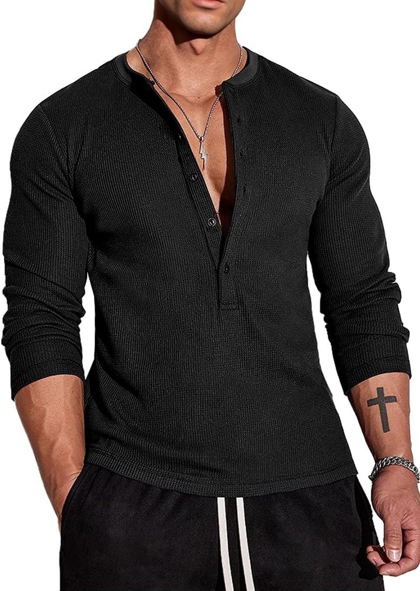 Cmdr Heren wafel-henley-overhemden, Casua Lange Mouwen T-shirt Casual 5-Knoopsluiting, Lange Mouwen Regualar Fit Stijlvol T-Shirt, Thermisch Ondergoed