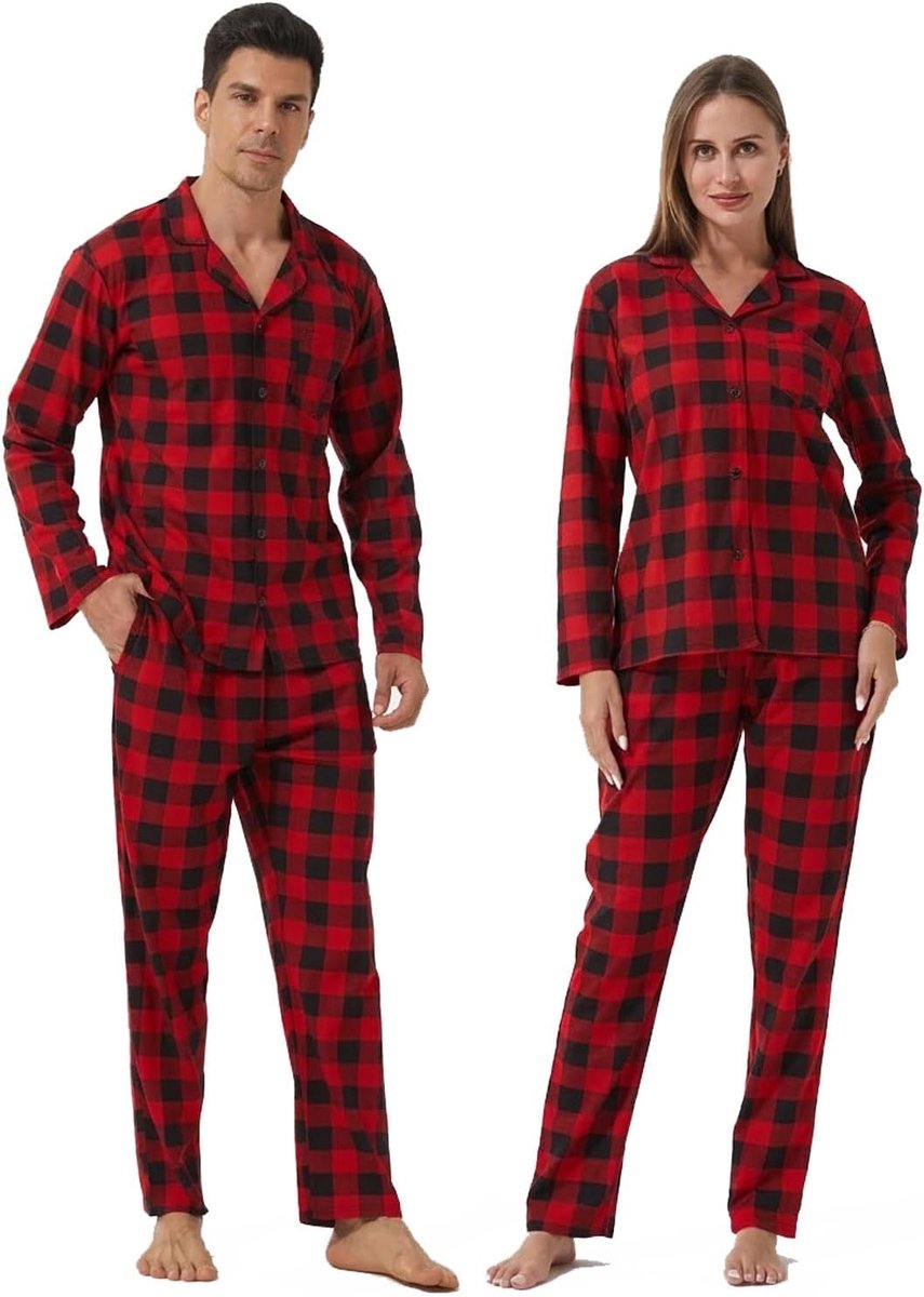 Pyjama voor heren en dames, partnerlook, pyjamaset, geruit, het hele jaar, tweedelig, huiskleding, comfortabele nachtkleding