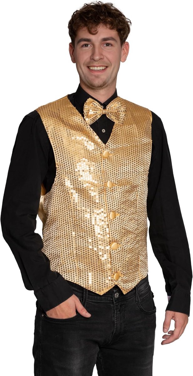 Gilet met Vlinderdas Carnaval Heren Gilet Glitter Pailletten - Goud, Zilver, Roze, Groen, Rood of Turquoise - Maat S t/m 3XL