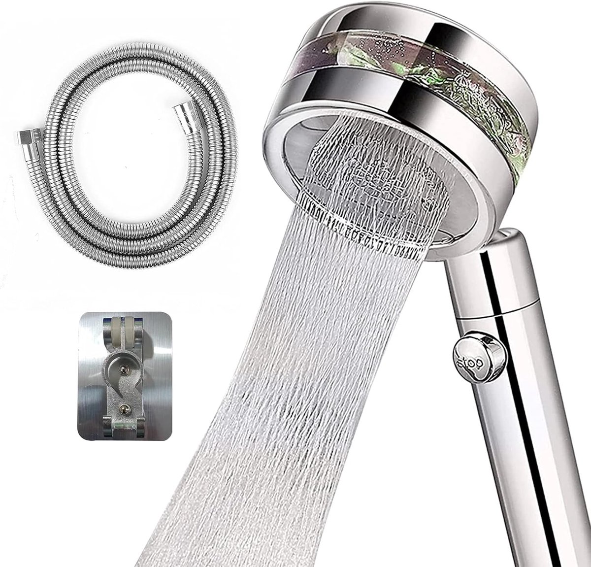 Handdouche met hoge druk, douchekop, badkamerinstallaties, waterbesparend, drukverhoging, chrome douchedouche, 2 straalsoorten met aan/uit-schakelaar en 1,5 m slang.
