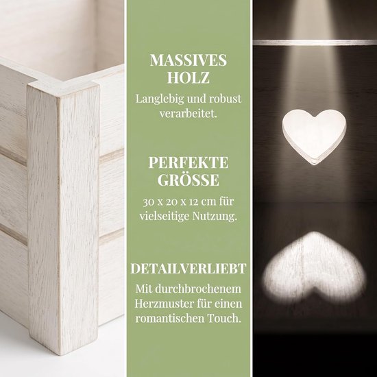 Kist met hartpatroon, 30 x 20 x 12 cm, houten kist zonder deksel, wit gekalkt, decoratieve houten kist, vintage geschenkkist voor documenten, waardevolle spullen en gereedschap — afbeelding 4