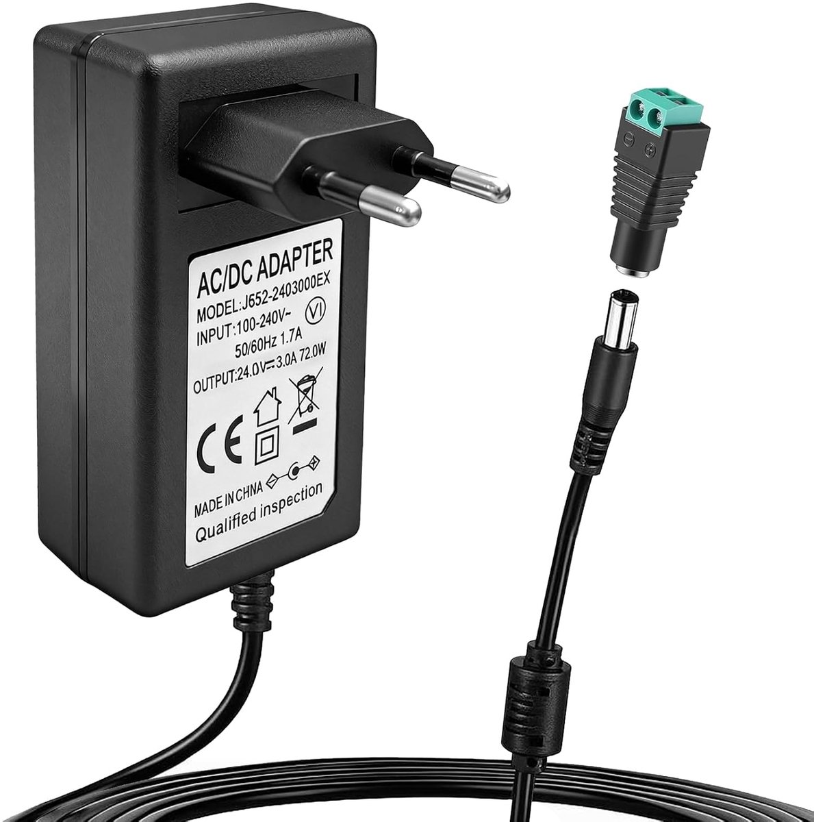24V voeding voor led strips, 72W 3A met 5,5mm DC-stekker, 24V-AC 100-240V op DC 24V voor LED-strips, routers, webcams, luidsprekers
