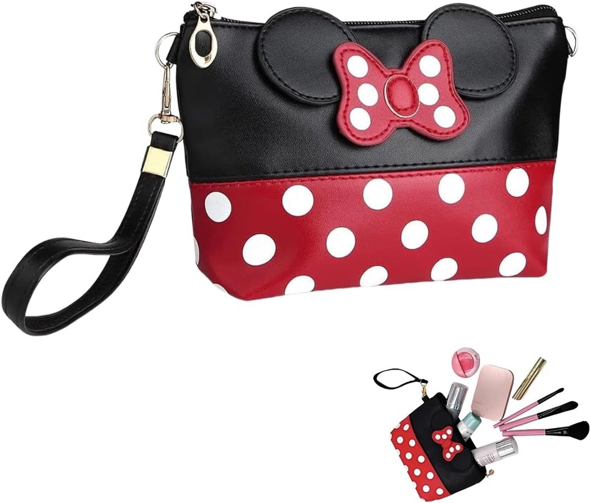 Make-uptas, 1 stuk, muizenoren, gestippelde tas, sleutels, hoofdtelefoon, lippenstift, beautycase en clutch voor dames, cartoon stijl, make-uptas (rood zwart)