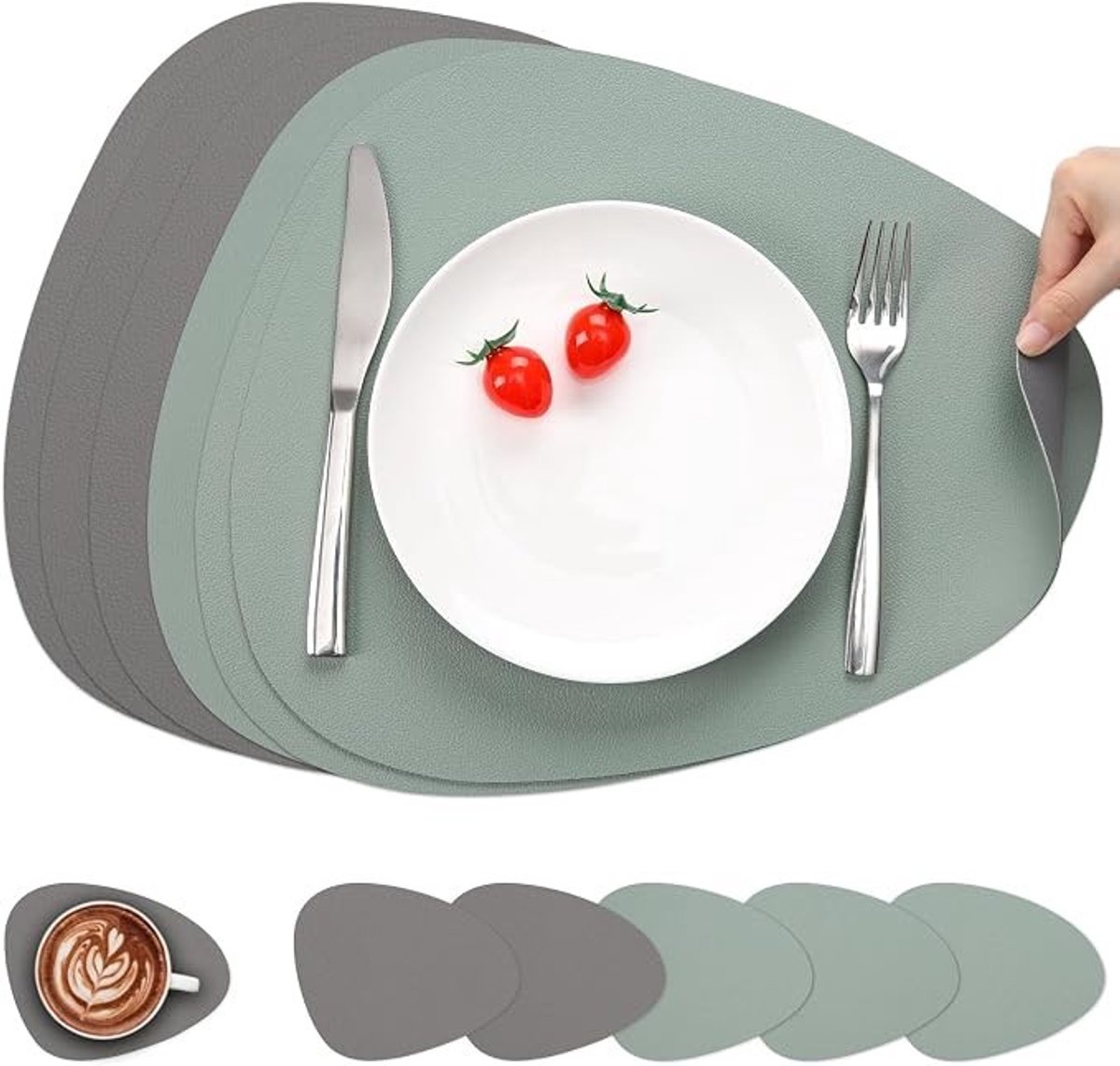 Livatto Set van 6 Placemats en Onderzetters - Kunstleer - Afwasbaar - Saliegroen en Donkergrijs