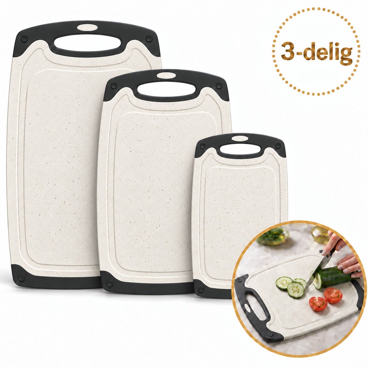 DIVERZA Snijplankenset 3-Delig – Kunststof met Handvat en Sapgeul – 40x24 / 32x20 / 25x15 cm – Crème