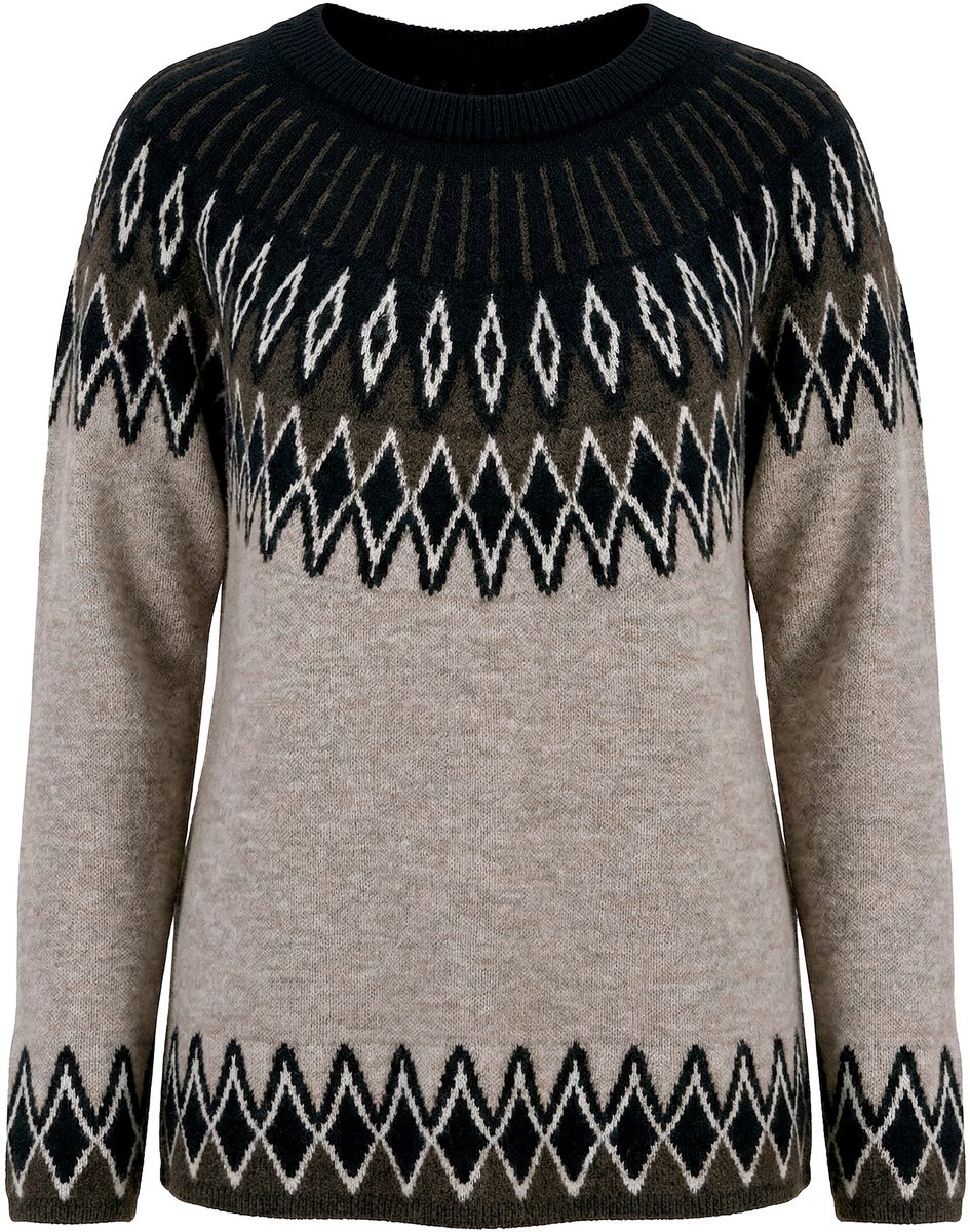 Ulla Popken - Dames - pullover Noors patroon ronde hals lange mouw - Donkerbeige - Maat 58+