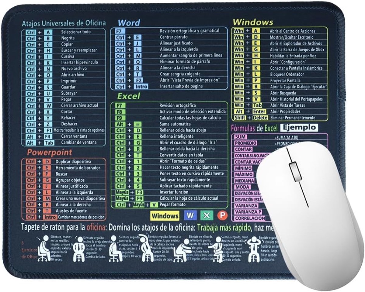 1 x muismat zwart (Spaans), muismat met shortcuts van Excel, toetsenbordmat voor PC Office en spreadsheets, antislip, genaaide randen (21 x 26 x 0,2)