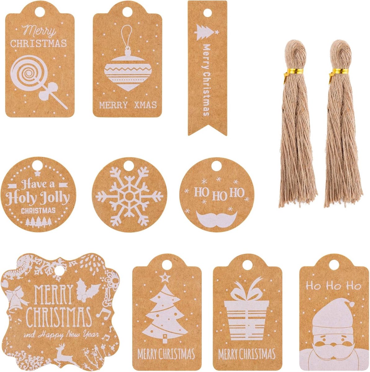 200 stuks kerstcadeaulabels, etiketten van kraftpapier met jute koord, voor het verpakken van geschenken voor vrolijk kerstfeest en kerstboomdecoratie