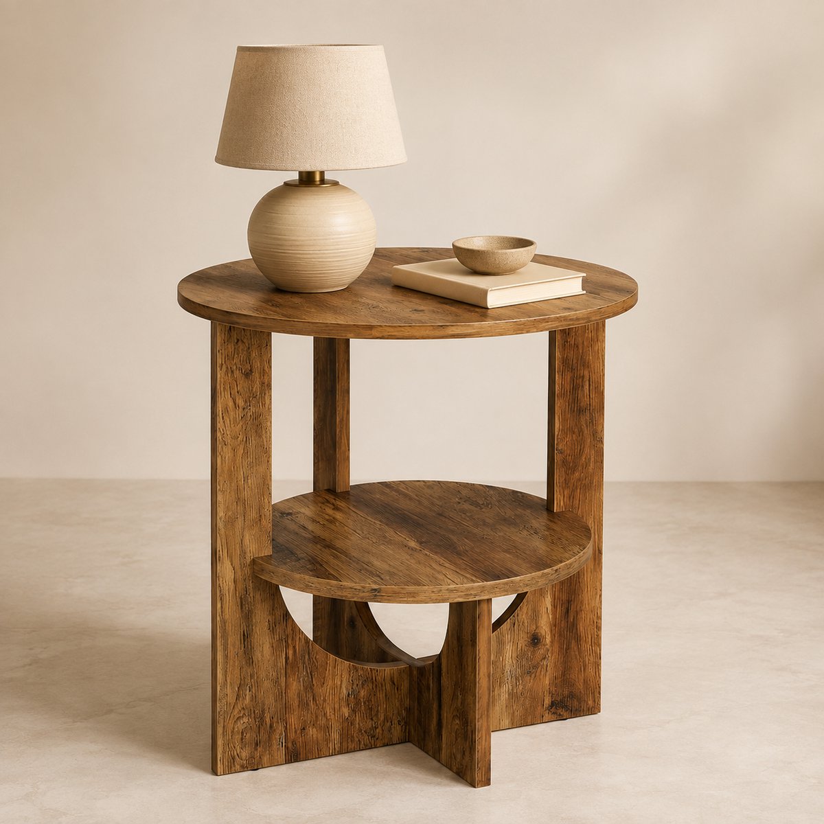 DMG Supply Ronde Bijzettafel - 2 Lagen - 50 x 50 x 65 cm - Bruine Houtlook