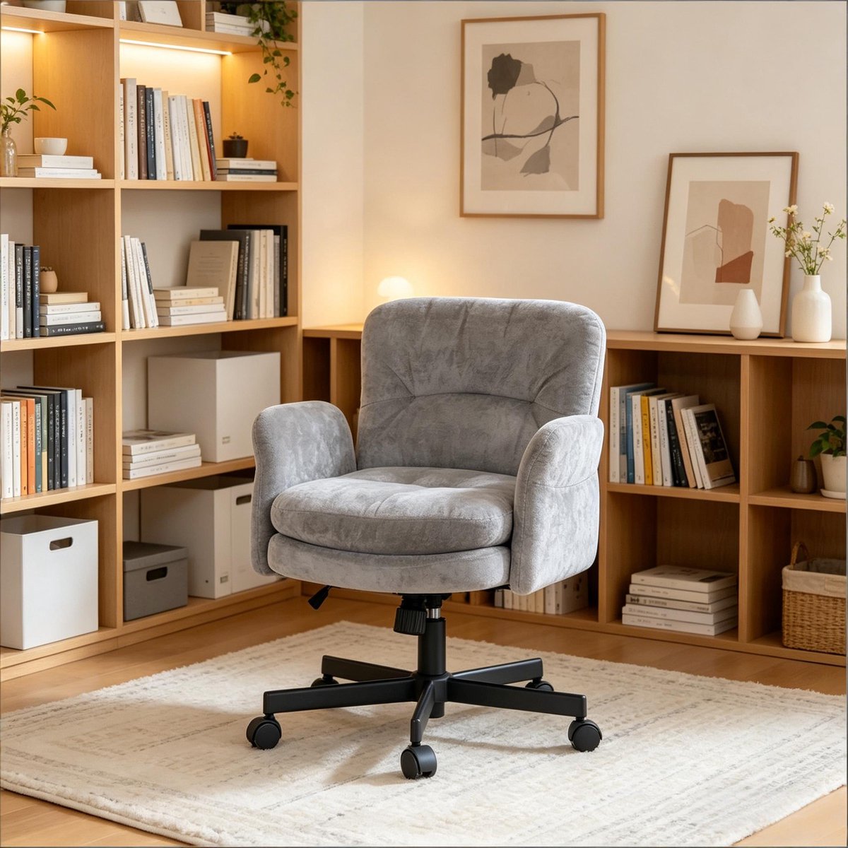 REDOM - Bureaustoel met armleuningen - 360° draaibaar - in hoogte verstelbaar - met wielen - chenille bekleding - voor volwassenen - metaal - Grijs - 71 x 68 x 84,5-92,5 cm
