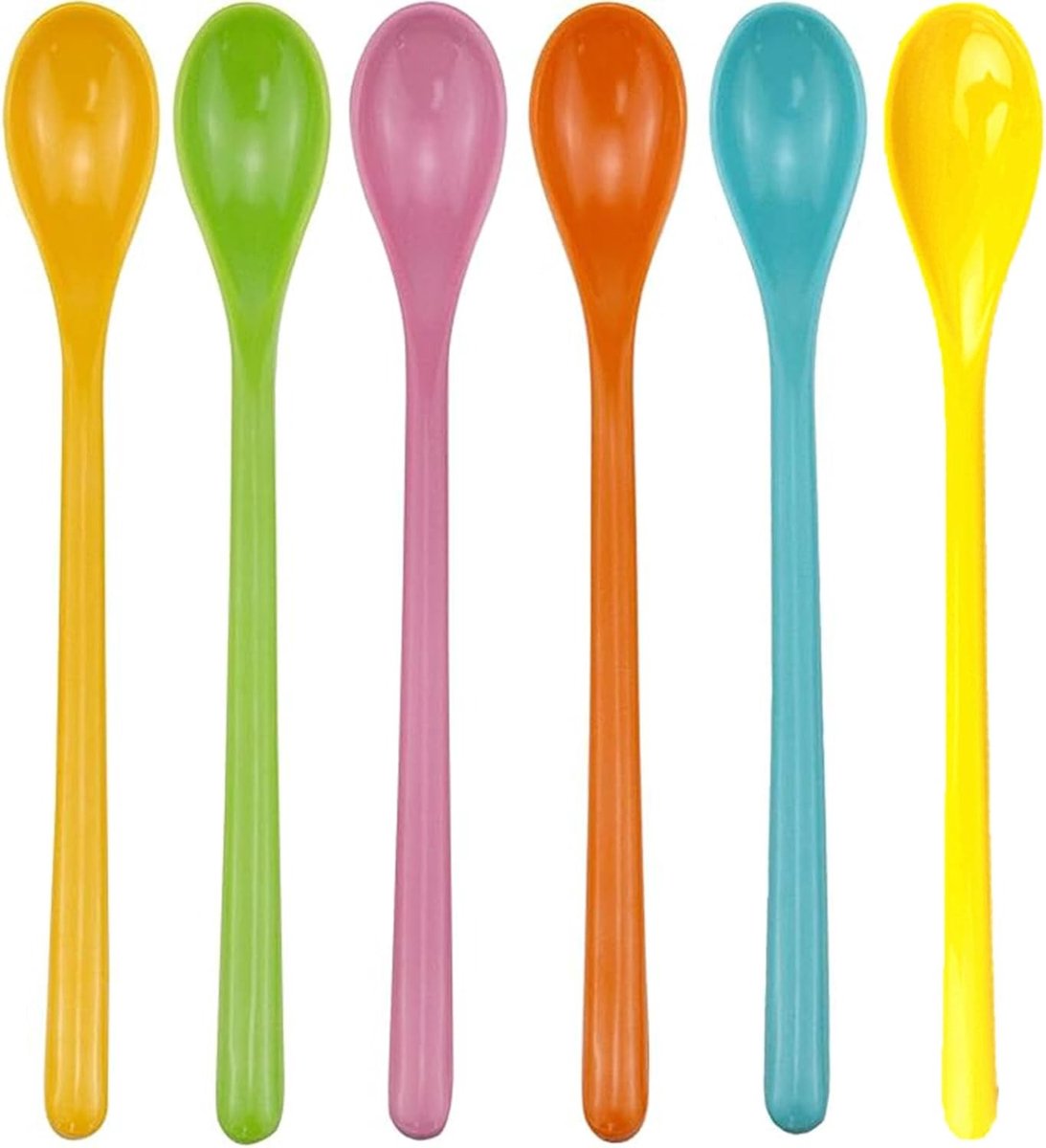 Kleurige herbruikbare plastic lepelset van 6 stuks voor koffie, yoghurt en eieren met lange handgreep