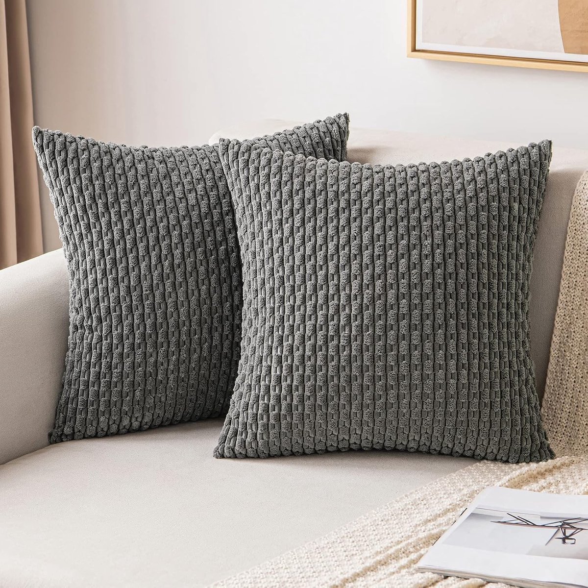 Moderne Corduroy Velvet Kussenhoezen voor Sofa en Slaapkamer, Set van 2, Zacht en Comfortabel, 45 x 45 cm, Donkergrijs