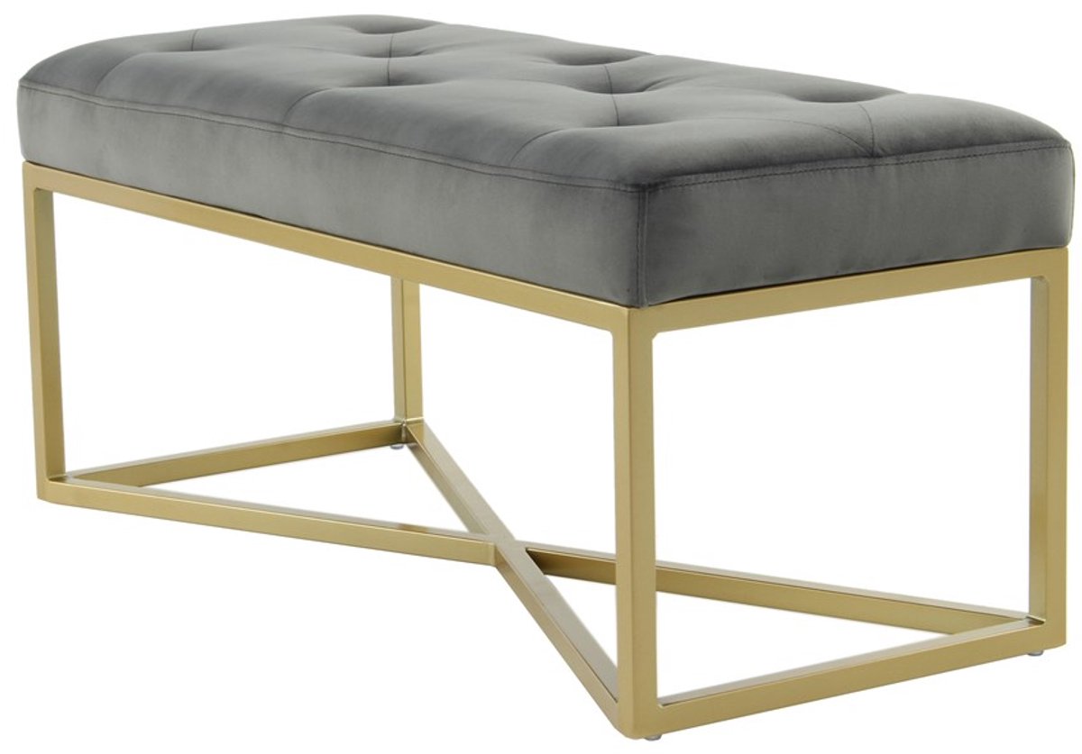 Padiro zitbank 90 x 40 x 40 cm - grijs en goudkleurig - fluweel - sierknopen en geometrisch metalen frame