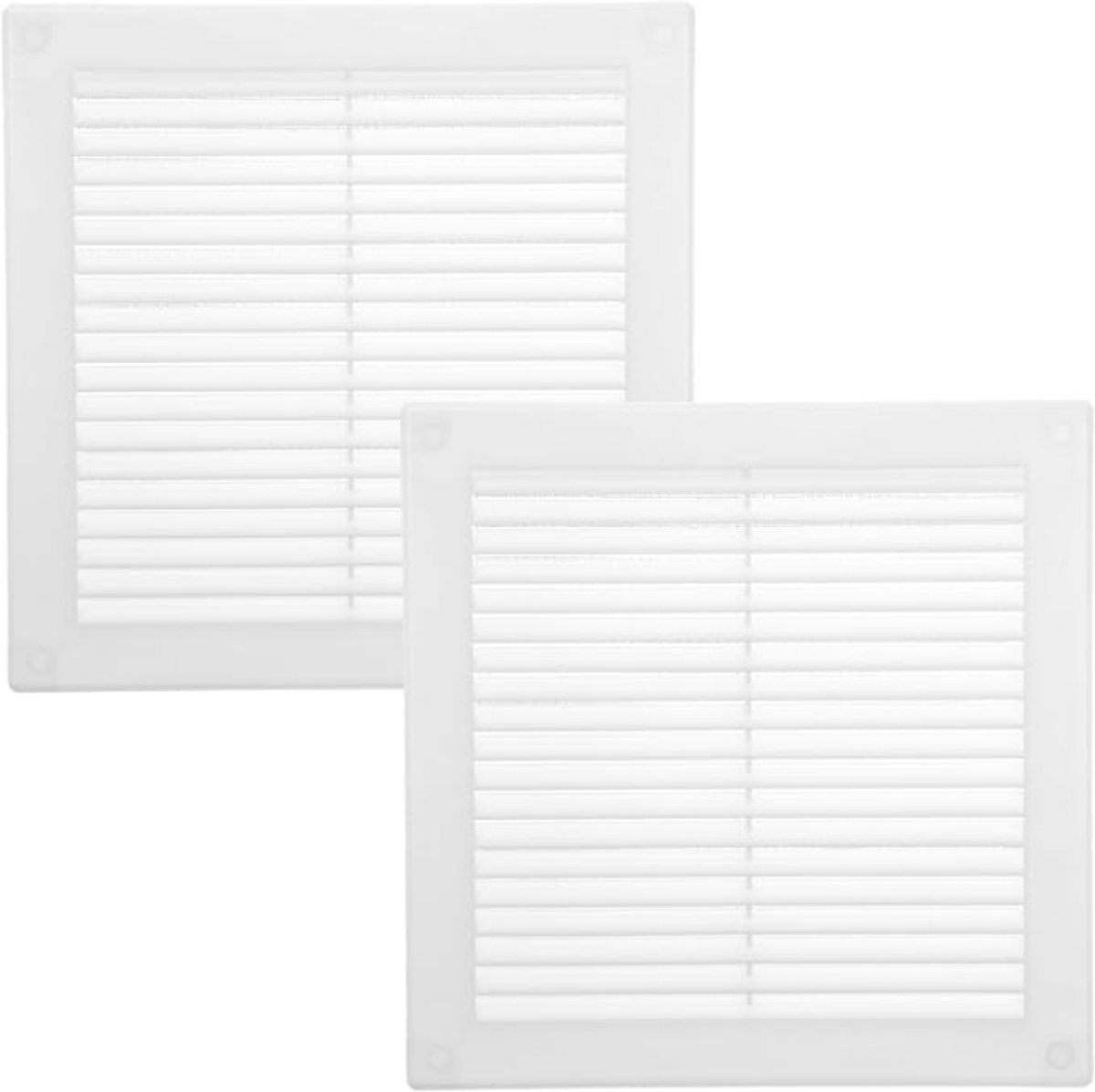 Ventilatierooster 250 x 250 mm wit, 2 stuks, vierkant met vliegengaas en lamellen voor muur en plafond