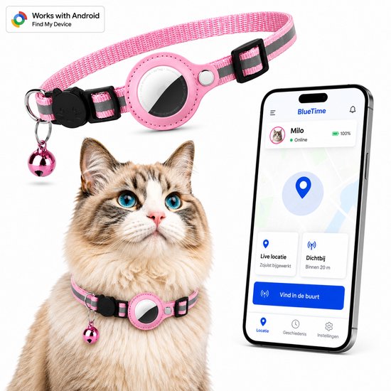 Roze kattenhalsband met reflecterende strepen, belletje en houder voor AirTag. Toont "Works with Android" en "Find My Device".