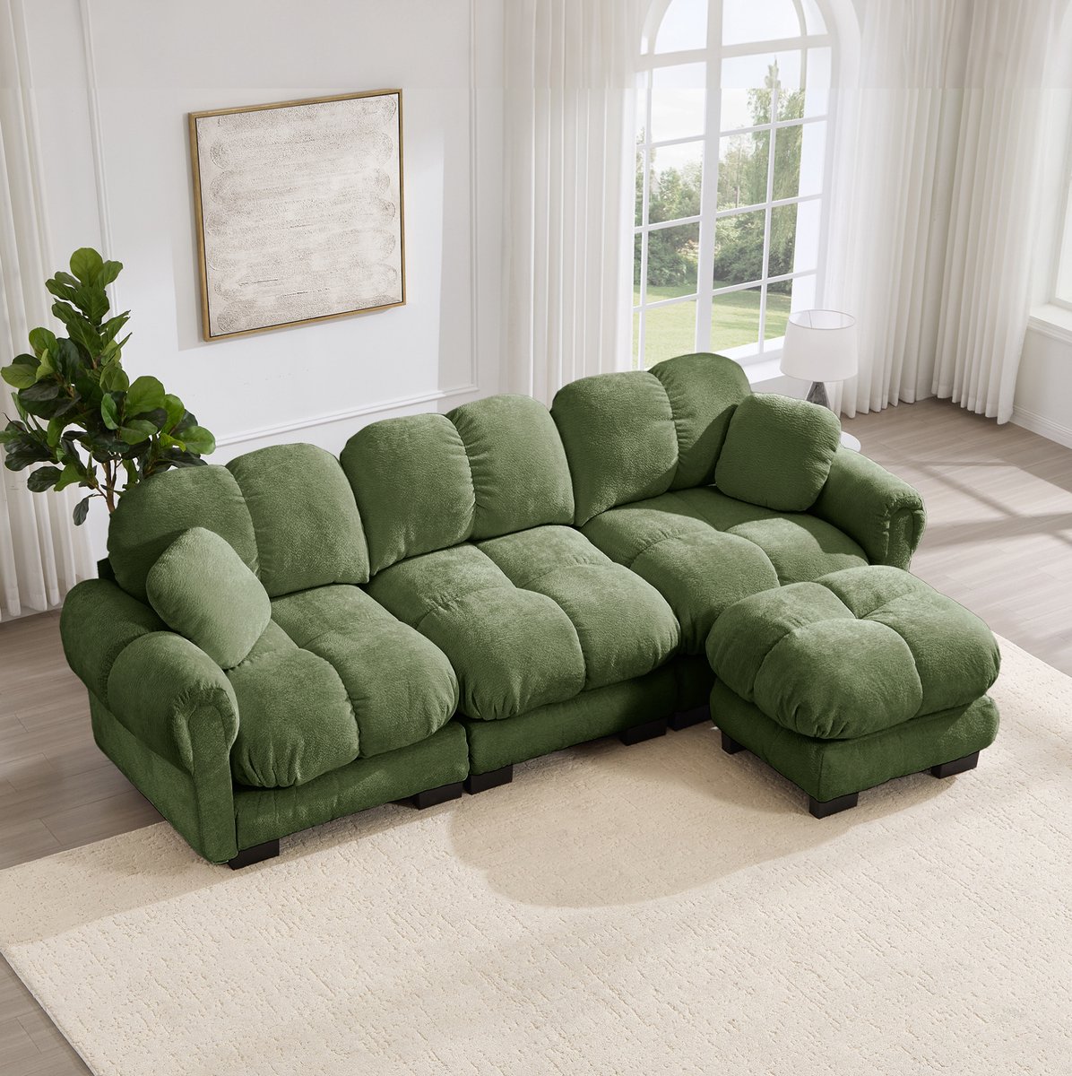 REDOM - Hoekbank - L-vormige 3-zits cloud sofa met verplaatsbare ottomane en 2 sierkussens - Gestikt patroon - Chenille - Groen - 260 x 149 x 90 cm