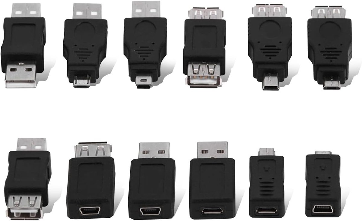 Pack van 12 Mini USB 2.0 Cable Adapters, USB Female naar Micro-USB Female Kit Adapter Meerdere Micro Mannelijke Vrouwelijke Converters Connectoren