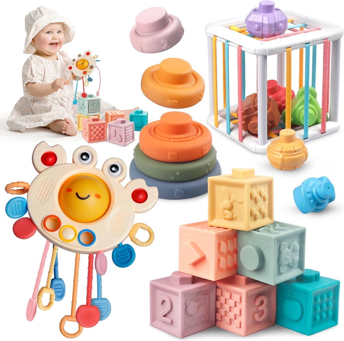 casalora® - Montessori speelgoed-Babyspeelgoed-Zintuiglijk speelgoed-Educatief speelgoed-Trekkoord, Stapelkubus, Stapelringen-Cadeaus voor baby's