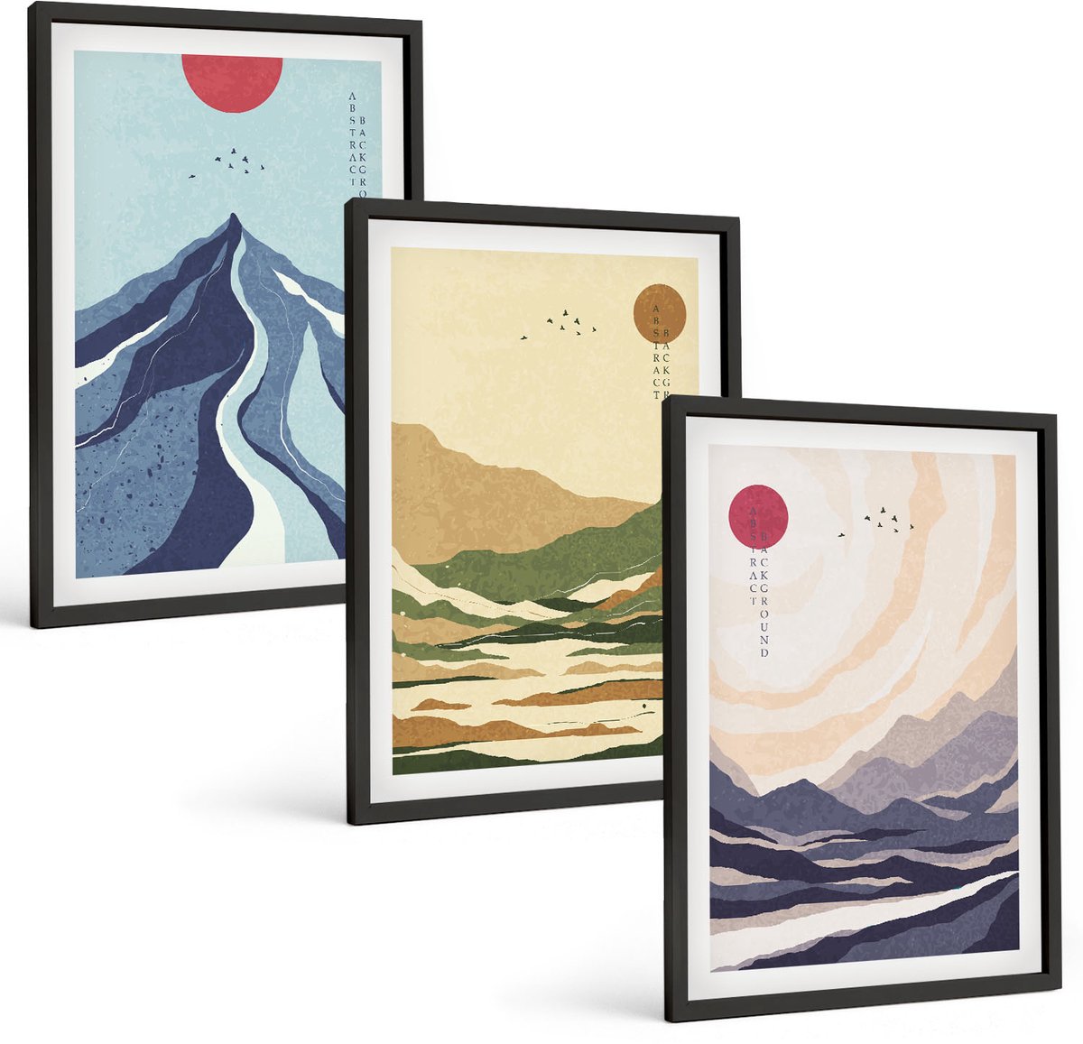 Coloray 3-Delige Schilderij Set - Bergen In Pastelkleuren In Japanse Stijl - 40 x 60 cm - Wanddecoratie - Schilderijen Set - Interieur - Woonkamer Decoratie
