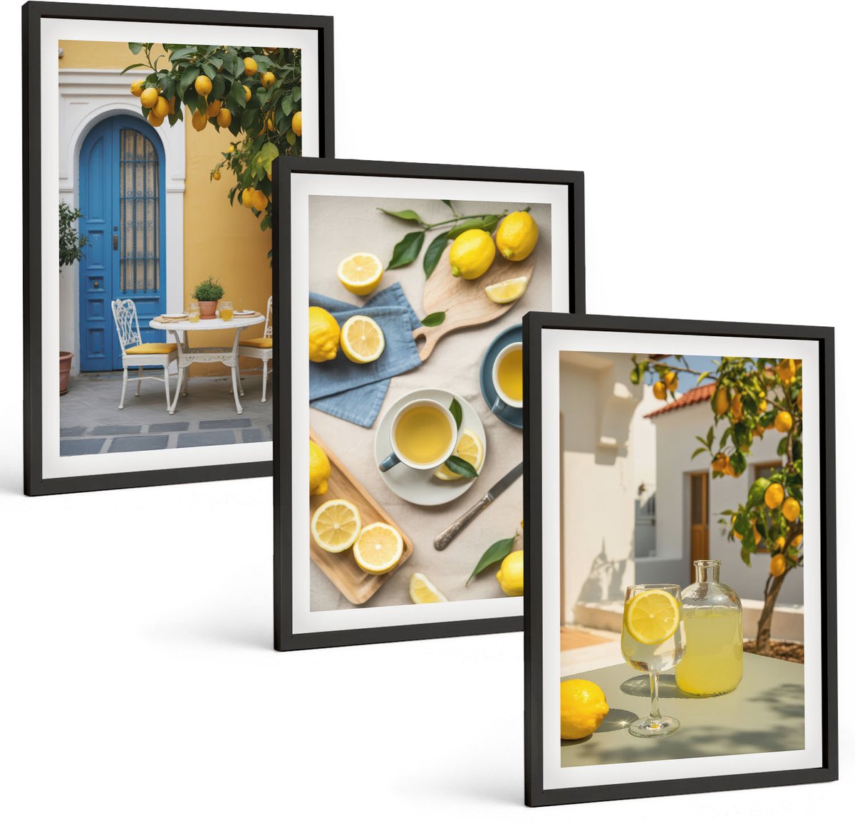 Coloray 3-Delige Schilderij Set - Citroenen Limonade Blauwe Deur Zomer Uitzichten - 40 x 60 cm - Wanddecoratie - Schilderijen Set - Interieur - Decoratieve Schilderijen