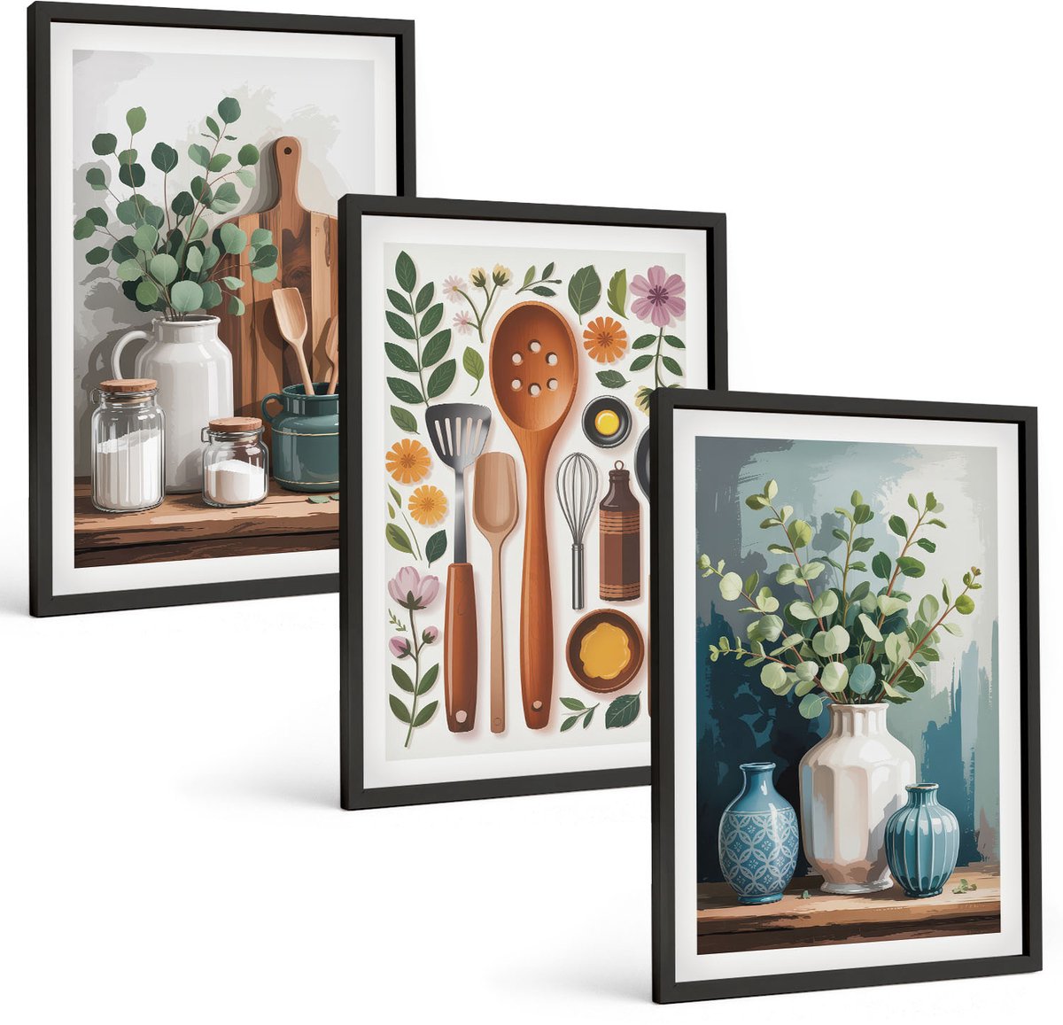 Coloray 3-Delige Schilderij Set - Keukenaccessoires Met Planten In Een Moderne Stijl - 40 x 60 cm - Muurdecoratie - Schilderijen Set - Woonkamer - Wanddecoratie