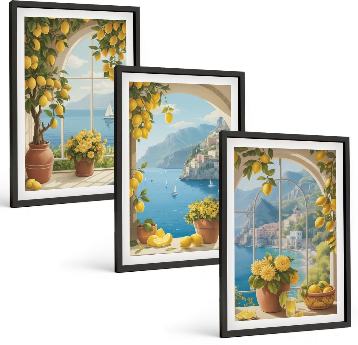 Coloray 3-Delige Schilderij Set - Zeegezichten Met Italiaanse Citroenen In De Ramen. - 40 x 60 cm - Muurdecoratie - Schilderijen Set - Woonkamer - Woonkamer Decoratie