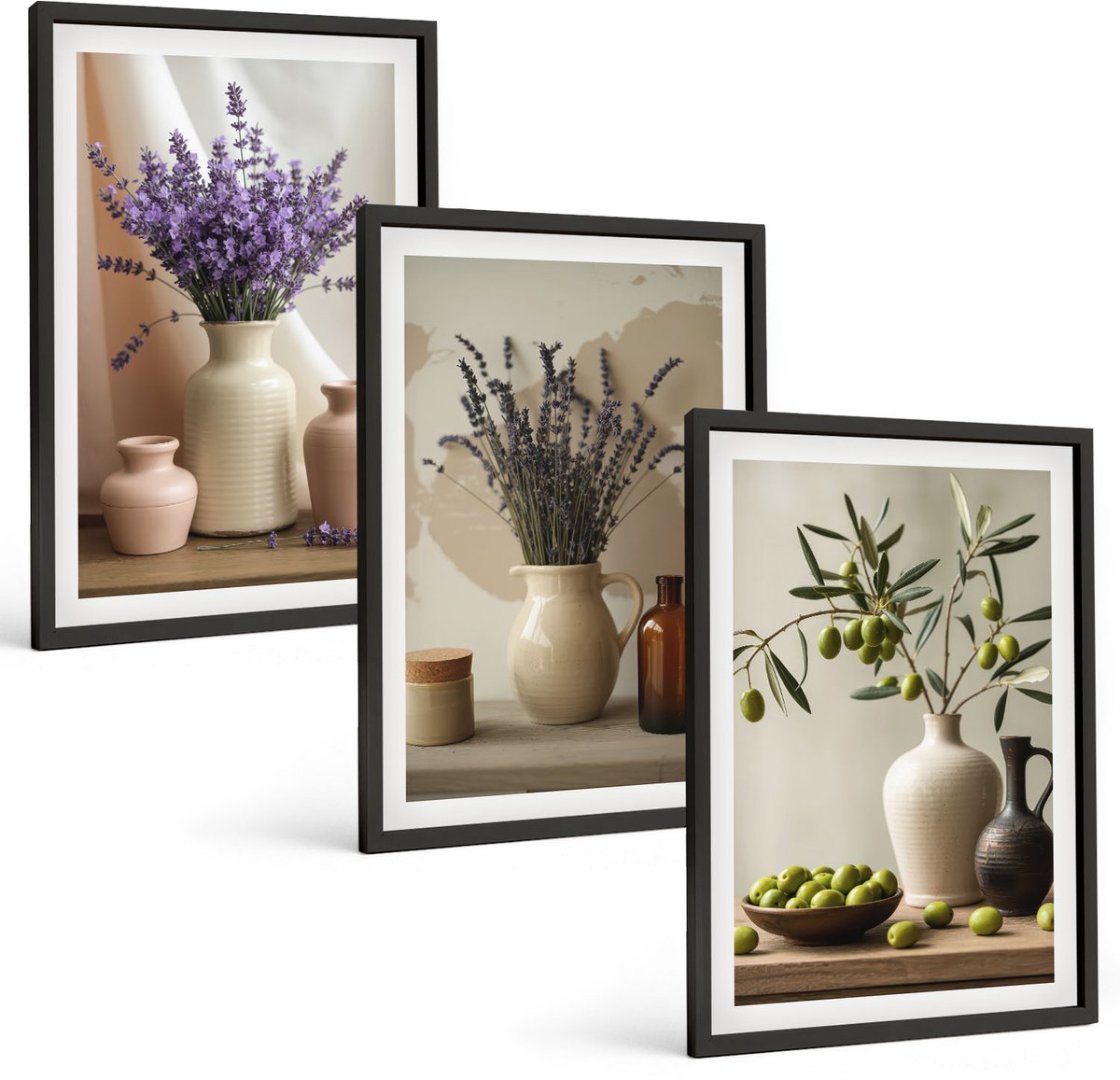 Coloray 3-Delige Schilderij Set - Lavendelbloemen, Olijven En Keramische Vazen - 40 x 60 cm - Muurdecoratie - Wanddecoratie - Hal - Decoratieve Schilderijen