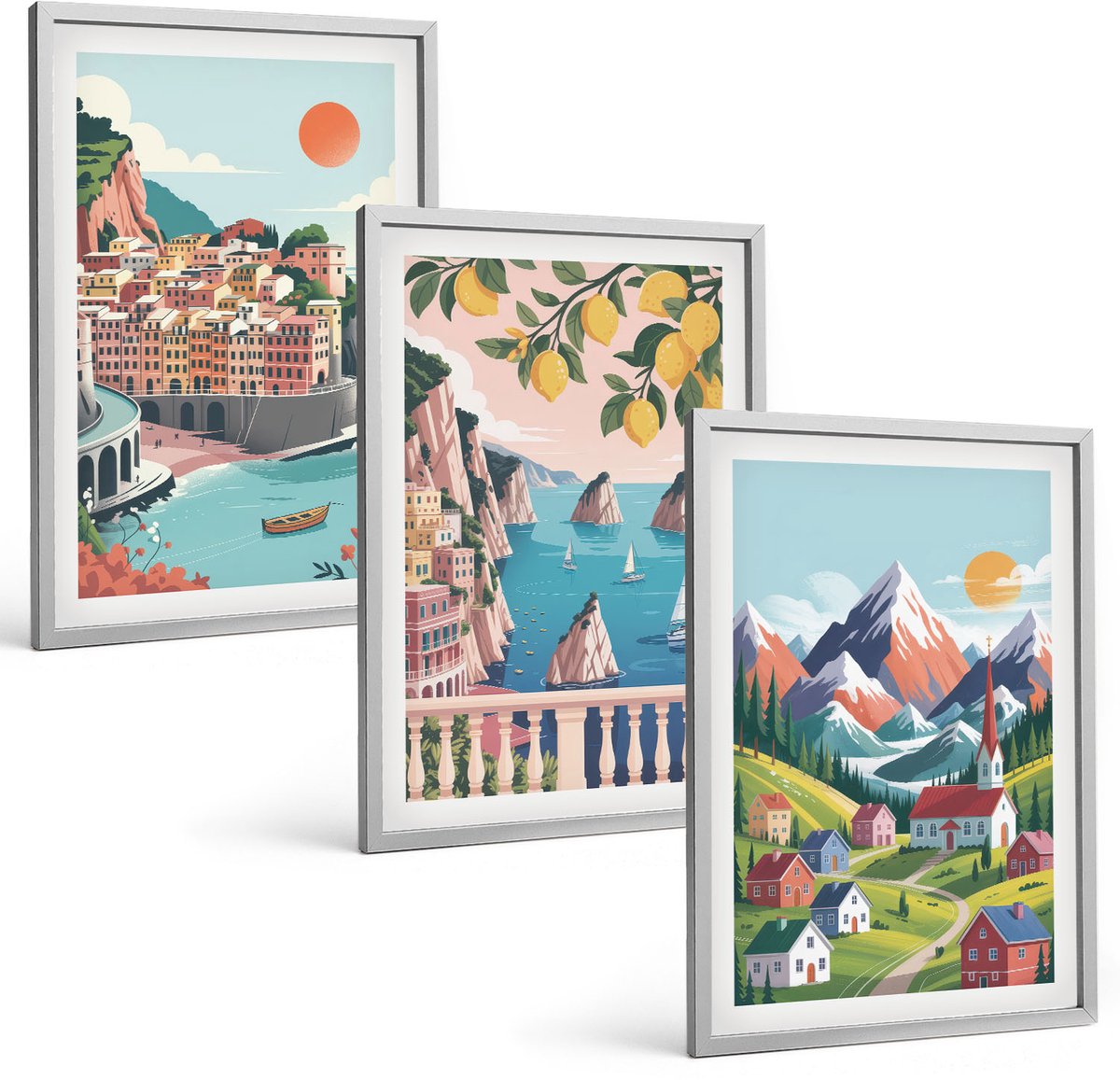 Coloray 3-Delige Schilderij Set - Kleurrijke Berglandschappen En Kuststeden - 40 x 60 cm - Moderne Wanddecoratie - Slaapkamer