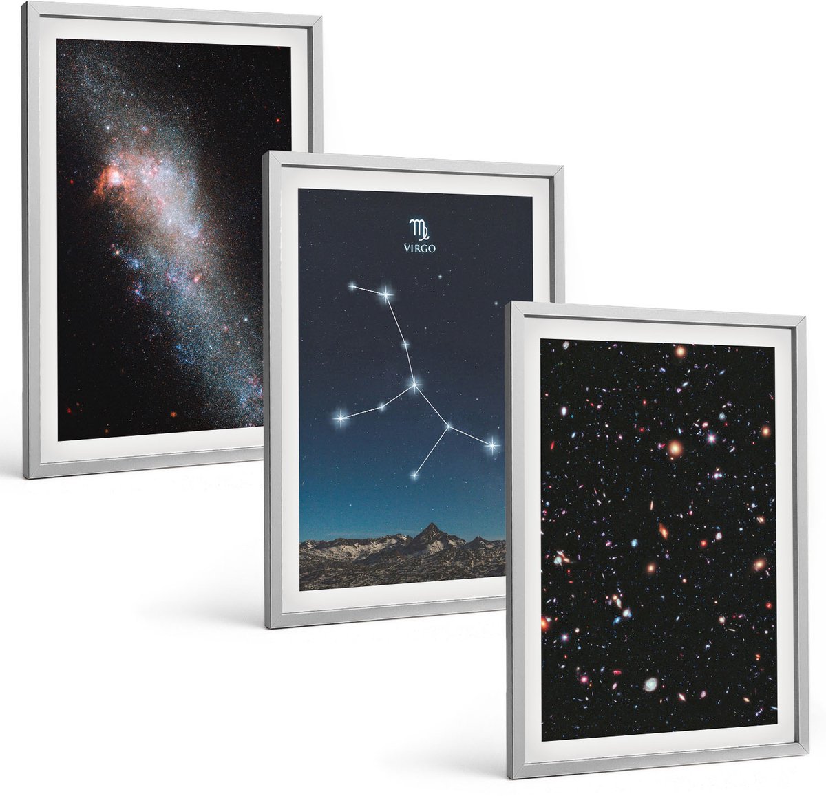 Coloray 3-Delige Schilderij Set - Sterrenbeeld Maagd, Melkweg, Uitzicht Op Het Universum - 40 x 60 cm - Stijlvolle Wanddecoratie - Interieur - Decoratieve Schilderijen Zilveren lijst