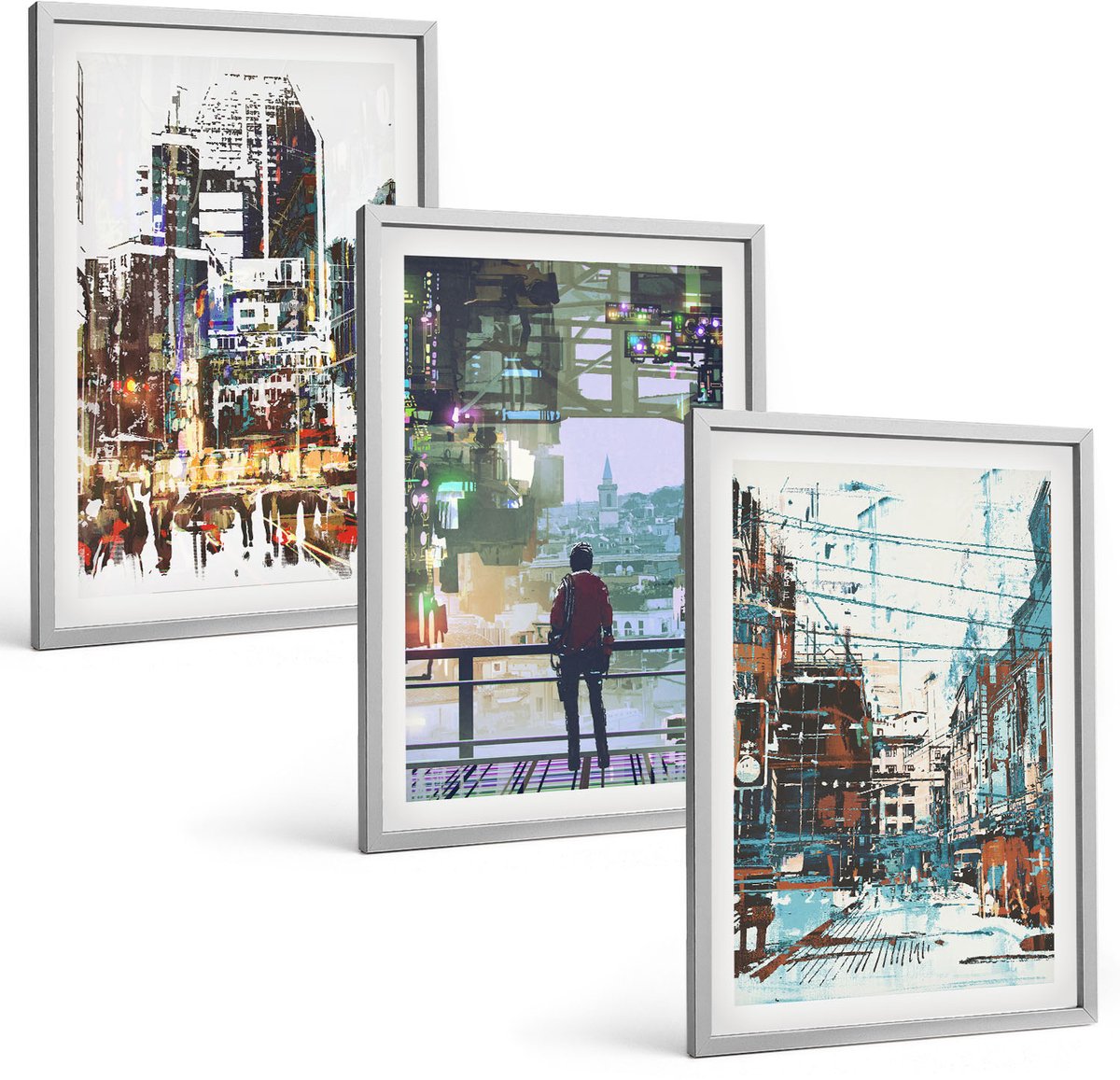 Coloray 3-Delige Schilderij Set - Moderne Steden In Kleur Met Een Figuur Op De Achtergrond - 40 x 60 cm - Moderne Wanddecoratie - Woonkamer - Muurdecoratie