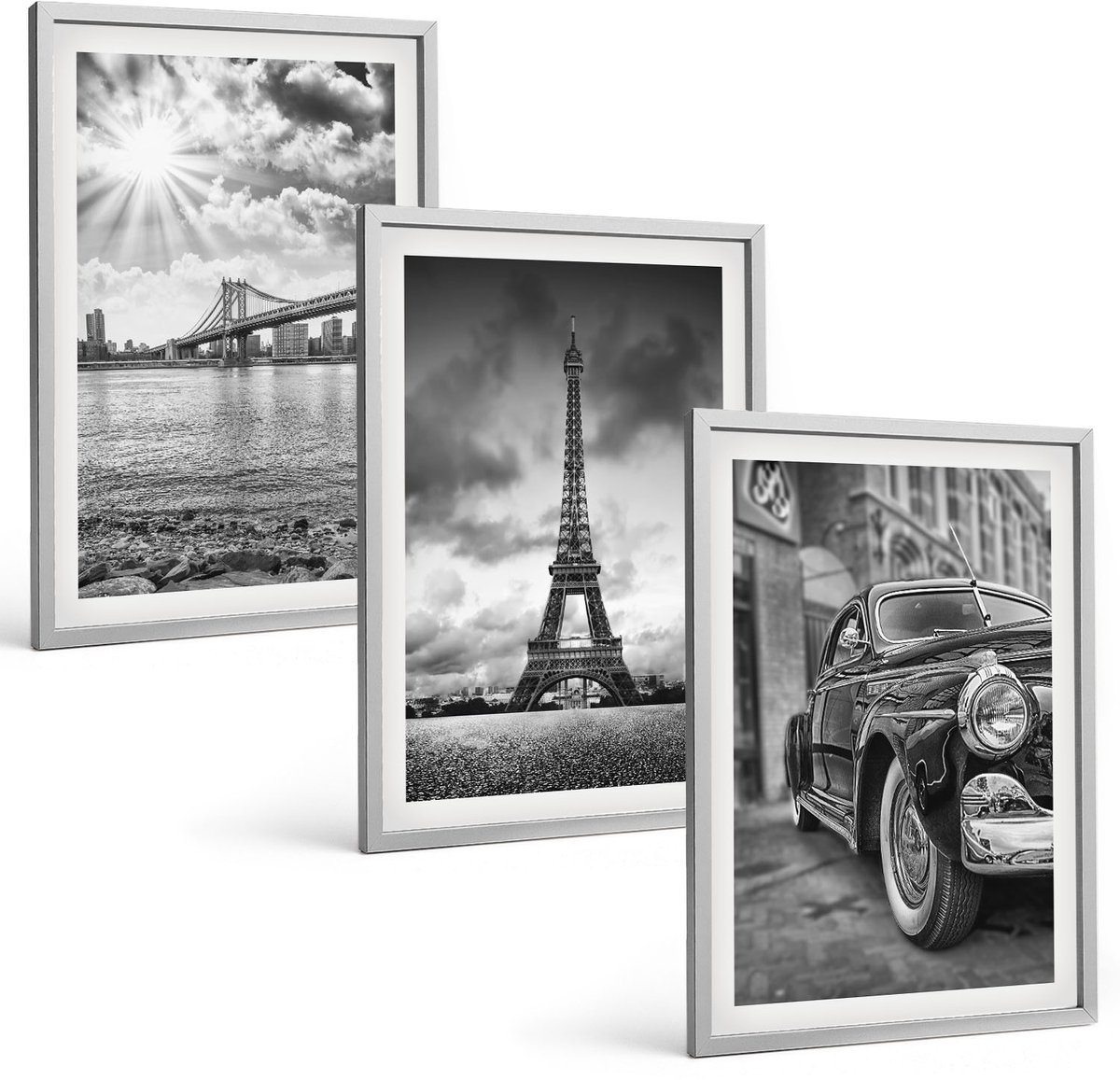 Coloray 3-Delige Schilderij Set - Stadsgezichten Bruggen Eiffeltoren Klassieke Auto - 40 x 60 cm - Wanddecoratie - Schilderijen Set - Interieur - Woonkamer Decoratie