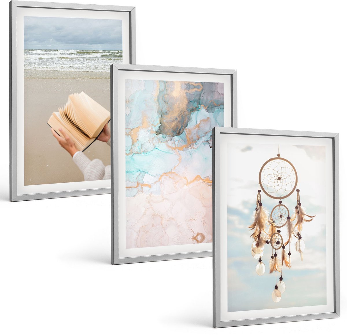 Coloray 3-Delige Schilderij Set - Abstracte Zee, Leesboek En Boho Dromenvanger - 40 x 60 cm - Muurdecoratie - Decoratieve Schilderijen - Wohnzimmer - Interieur Decoratie