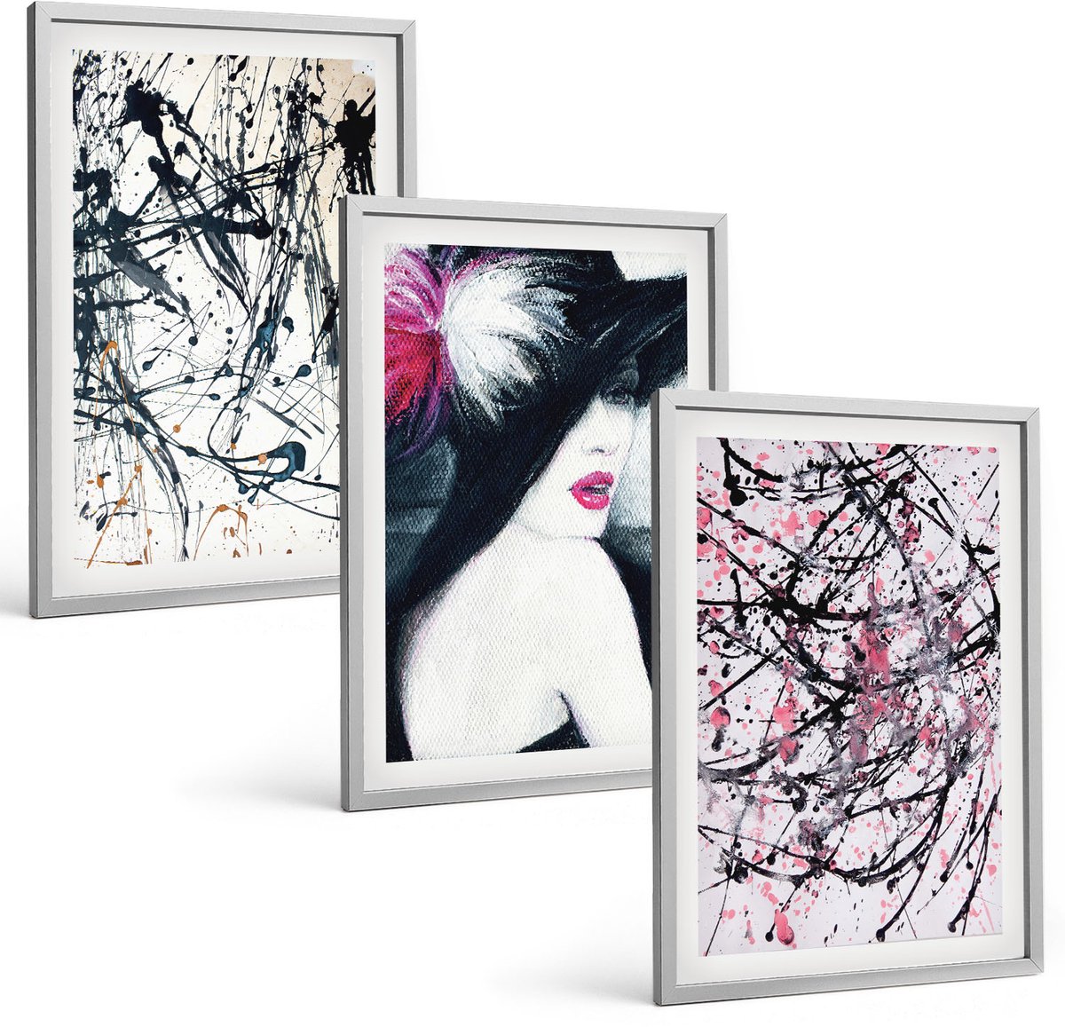 Coloray 3-Delige Schilderij Set - Abstracte Verfpatronen Vrouw Met Hoed - 40 x 60 cm - Stijlvolle Muurdecoratie - Kantoor - Moderne Wanddecoratie