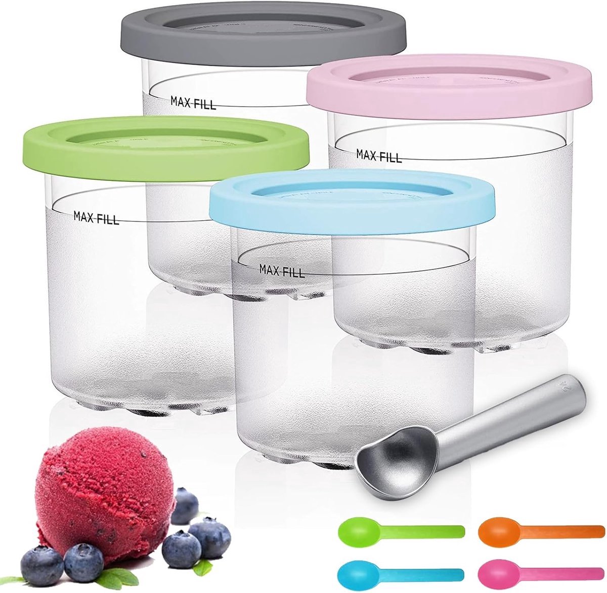 Creami bekers geschikt voor Creami Deluxe Pints - 16 oz Ijsjeshouder - Creami containers geschikt voor ijsmachine NC301 NC300 NC299AMZ-Serie - 4 stukken vervanging - BPA-vrij - afwasmachinebestendig - Accessoires - deksels