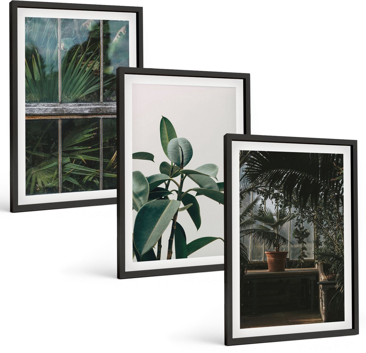 Coloray 3-Delige Schilderij Set - Groene Bladeren Op Het Raam En Planten In Het Interieur. - 40 x 60 cm - Moderne Wanddecoratie - Woonkamer - Stijlvolle Muurdecoratie