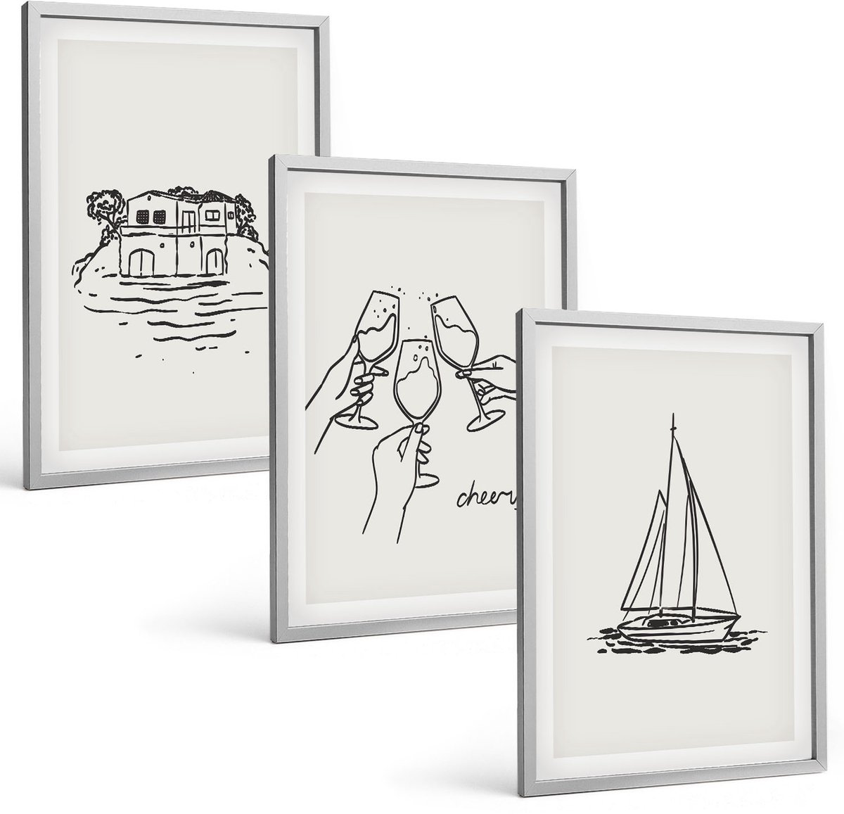 Coloray 3-Delige Schilderij Set - Uitzicht Op Het Water, Een Huis Dat Proost Met Glazen En Een Zeilboot. - 40 x 60 cm - Wanddecoratie - Woonkamer Decoratie - Moderne Wanddecoratie
