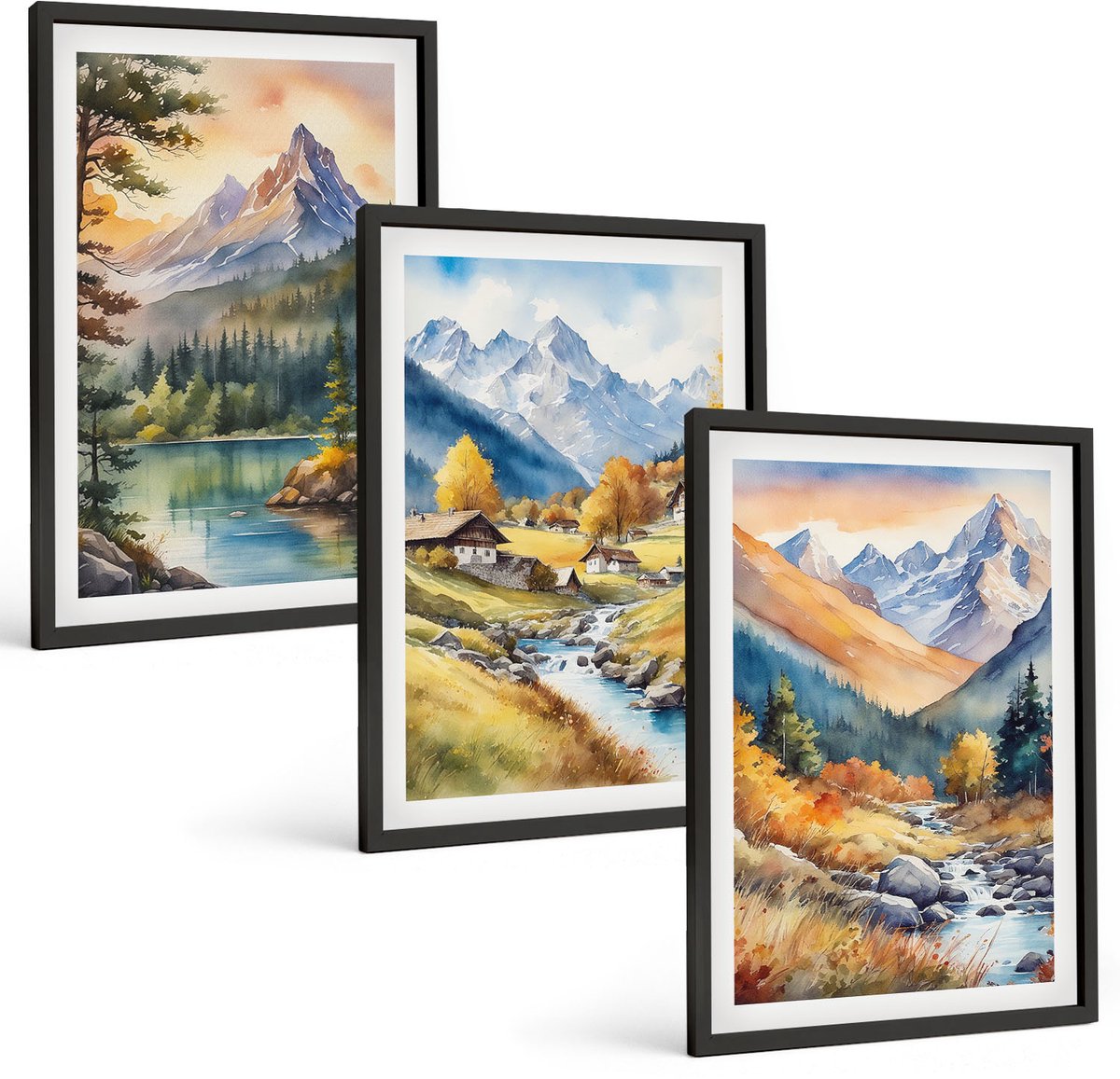 Coloray 3-Delige Schilderij Set - Berglandschap Met Een Rivier En Huisjes In Herfstkleuren. - 40 x 60 cm - Stijlvolle Wanddecoratie - Interieur - Woonkamer Decoratie