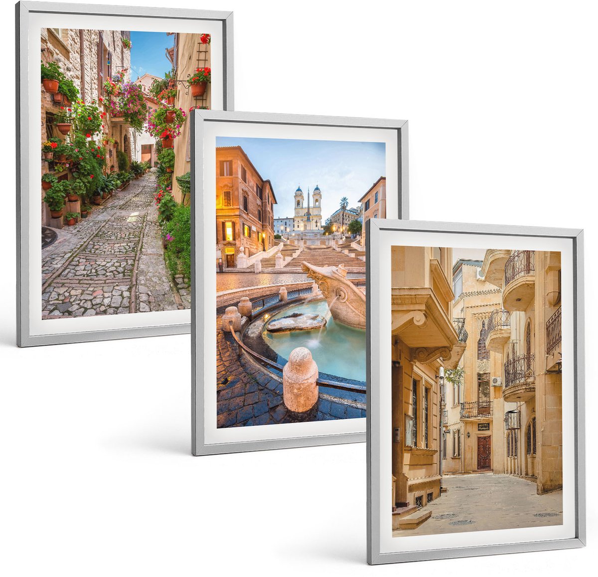 Coloray 3-Delige Schilderij Set - Charmante Straatjes En Fonteinen In Een Pittoreske Architectuur. - 40 x 60 cm - Decoratieve Muurdecoratie - Slaapkamer - Moderne Wanddecoratie
